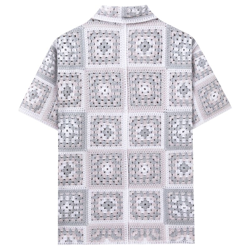Men's Retro Plaid Knit Polo Shirt, Short Sleeve, Cutwork, Light Grey - Image 3