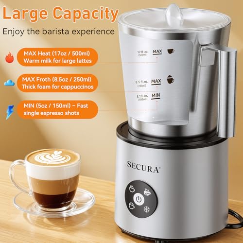 Secura 4-in-1 Automatic Milk Frother, 17oz Teflon-Free Stainless Steel Jug, Hot/Cold Foam Maker & Milk Warmer for Latte, Cappuccino, Macchiato, Hot Chocolate, Includes Silicone Spatula & 2 Whisks - Image 2