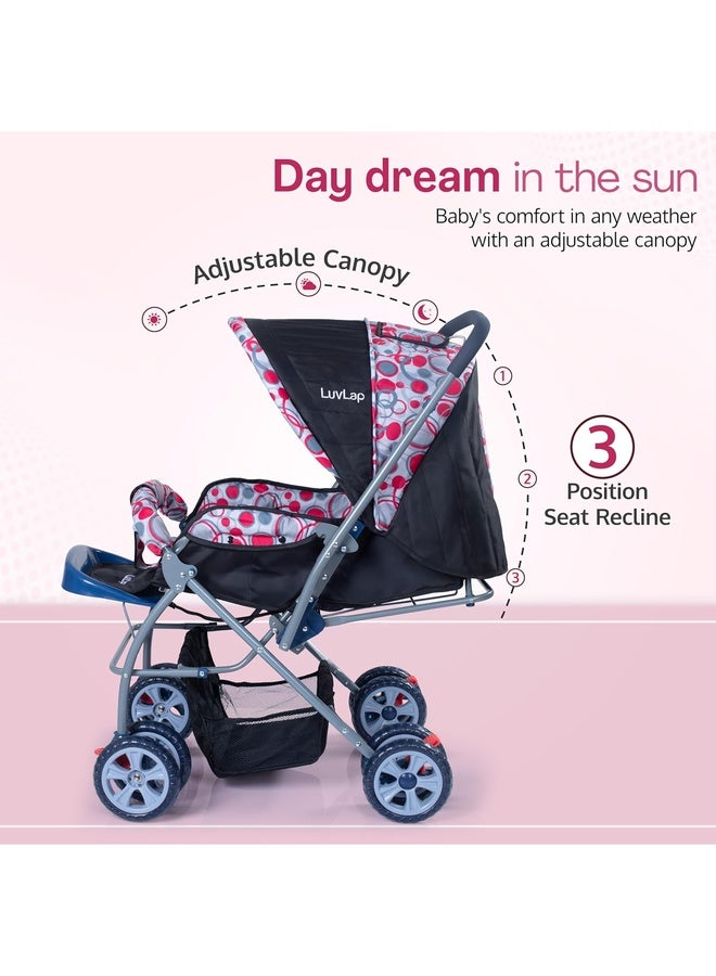 Luvlap Starshine Baby Stroller / Pram for 0 to 3 Years, New Born / Toddler / Kid, Lightweight, Adjustable backrest, 360° Swivel Wheel, Large storage basket, Reversible Handlebar (Light Red) - Image 3