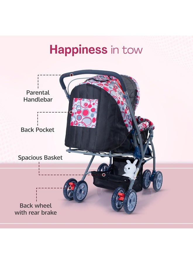 Luvlap Starshine Baby Stroller / Pram for 0 to 3 Years, New Born / Toddler / Kid, Lightweight, Adjustable backrest, 360° Swivel Wheel, Large storage basket, Reversible Handlebar (Light Red) - Image 5