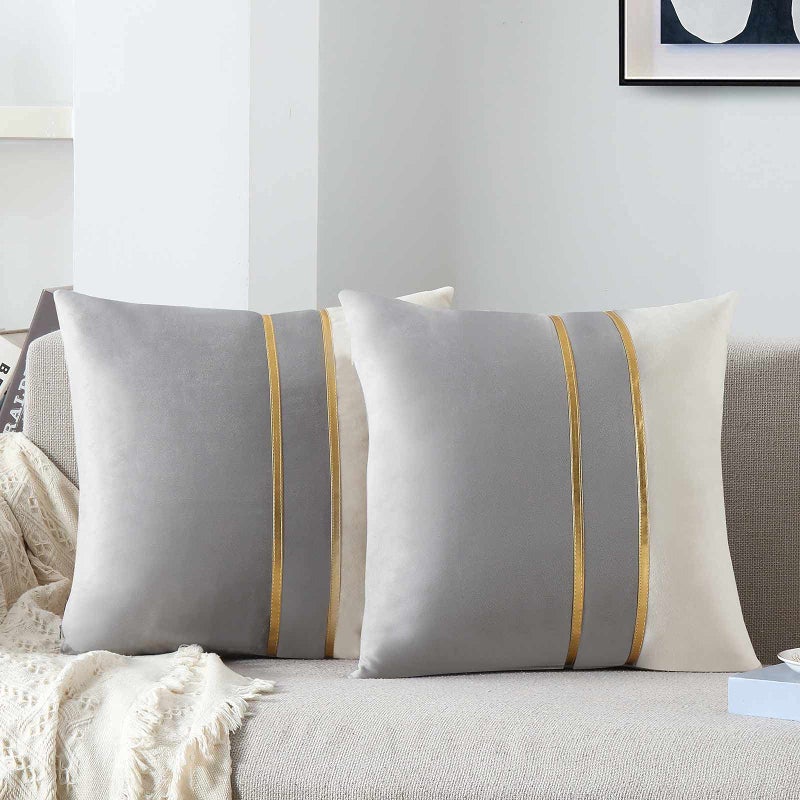 WACOMECO Velvet Throw Pillow Covers - Pack of 2 Soft Decorative Cushion Covers Cases with Gold Leather for Sofa Bedroom Livingroom Car, 18 x 18 in, Grey and White - Image 1