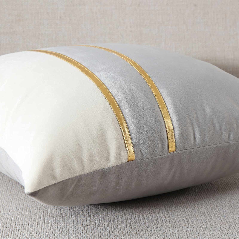 WACOMECO Velvet Throw Pillow Covers - Pack of 2 Soft Decorative Cushion Covers Cases with Gold Leather for Sofa Bedroom Livingroom Car, 18 x 18 in, Grey and White - Image 3