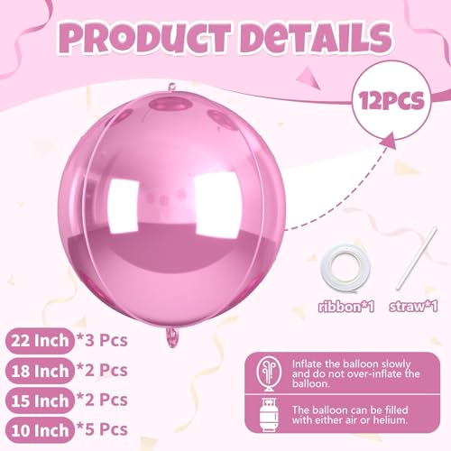 Biapian 12Pcs Light Pink Round Balloons Foil 22 18 15 10 4D Sphere Shaped Ball Balloon Large Metallic Pink Balloons for Wedding Prom Bridal Baby Shower Birthday Party Decorations Backdrop - Image 5