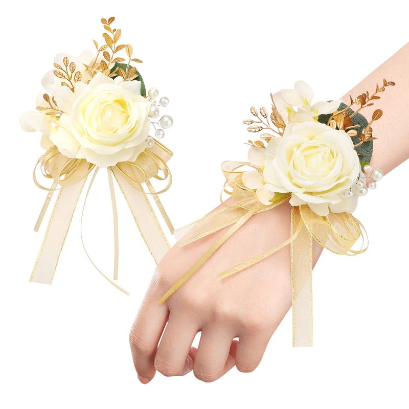 Ndeno Rose Wrist Corsage and Boutonniere Set Artificial Corsage Wristlet Bracelet for Wedding Decorations Prom Ceremony Accessories 2pcs Champagne 
