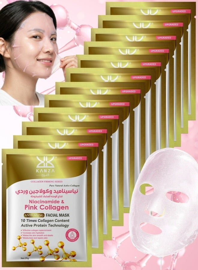 Kanza 12 Pcs Niacinamide & Pink Collagen Anti Aging Facial Mask Set ,Korean Collagen Face Mask, Hydrating Face Masks, Instant Lifting & Firming Face Mask Sheet, Moisturizing Face Mask Set,Niacinamide Masks, Real Deep Mask Daily Korean Skincare for All Skin Types 12x25g - Image 1