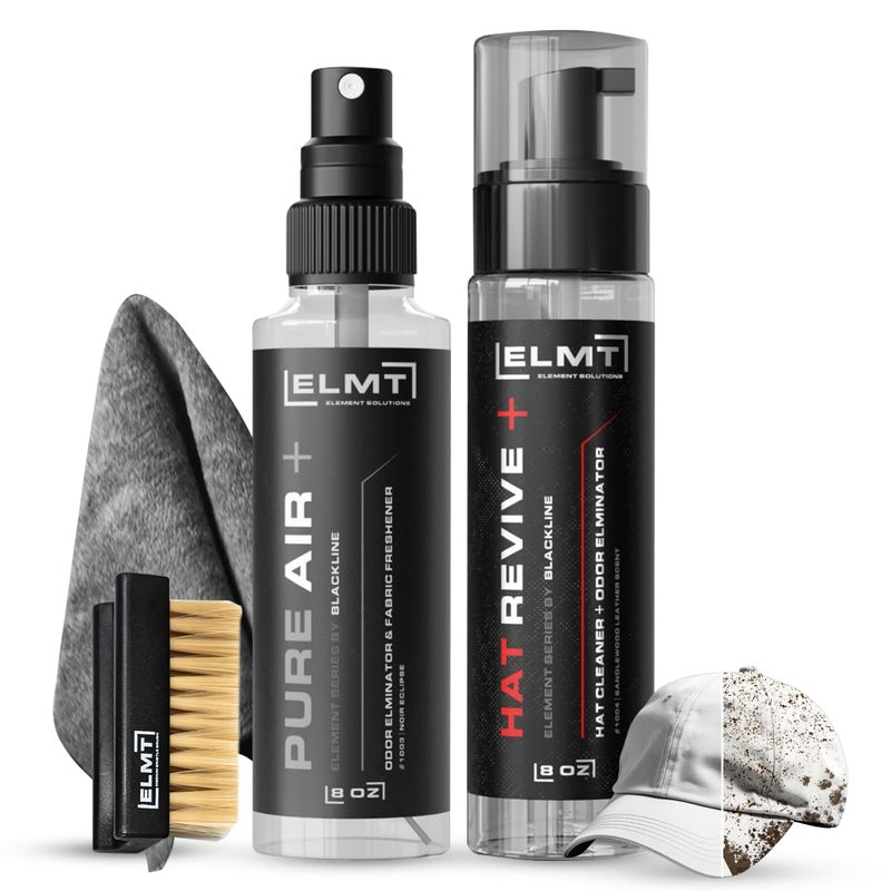Blackline ELMT Hat Cleaning Kit - 8oz Solution, Deodorizer, Towel, Brush - Quick-Drying Solution that Cleans 50+ Hats - For ALL Hat Types: Cotton, Wool, Felt, Canvas, Nylon & More - Image 1