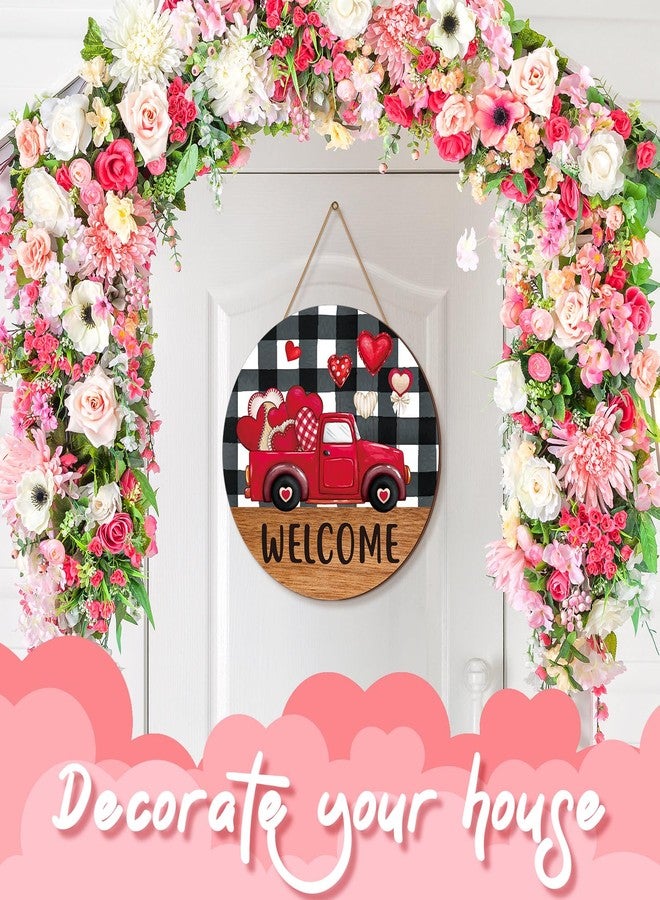 Burbell Valentine's Day Door Sign Red Truck Heart Welcome Sign Wooden Valentine's Day Decor White Black Buffalo Plaid Valentines Wall Decorations for Outdoor Front Door Home Anniversary Wedding Party - Image 3