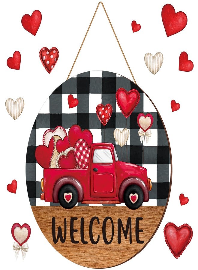 Burbell Valentine's Day Door Sign Red Truck Heart Welcome Sign Wooden Valentine's Day Decor White Black Buffalo Plaid Valentines Wall Decorations for Outdoor Front Door Home Anniversary Wedding Party - Image 1