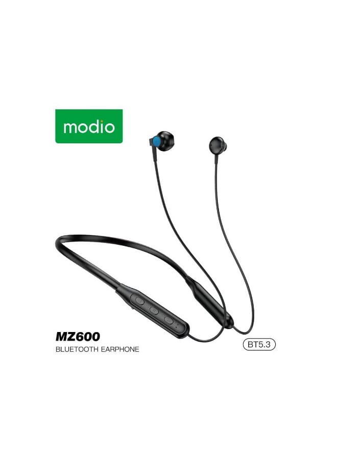 Modio MZ600 Wireless Stereo Earphone Neckband with Bluetooth 5.3 Super Bass and 15 Hour Battery Life Black - Image 1