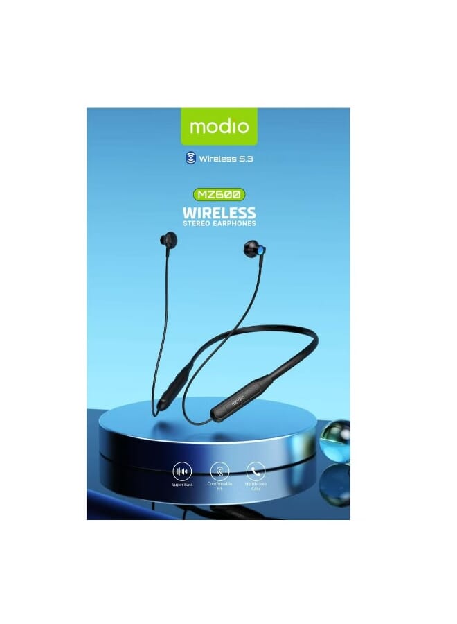 Modio MZ600 Wireless Stereo Earphone Neckband with Bluetooth 5.3 Super Bass and 15 Hour Battery Life Black - Image 2