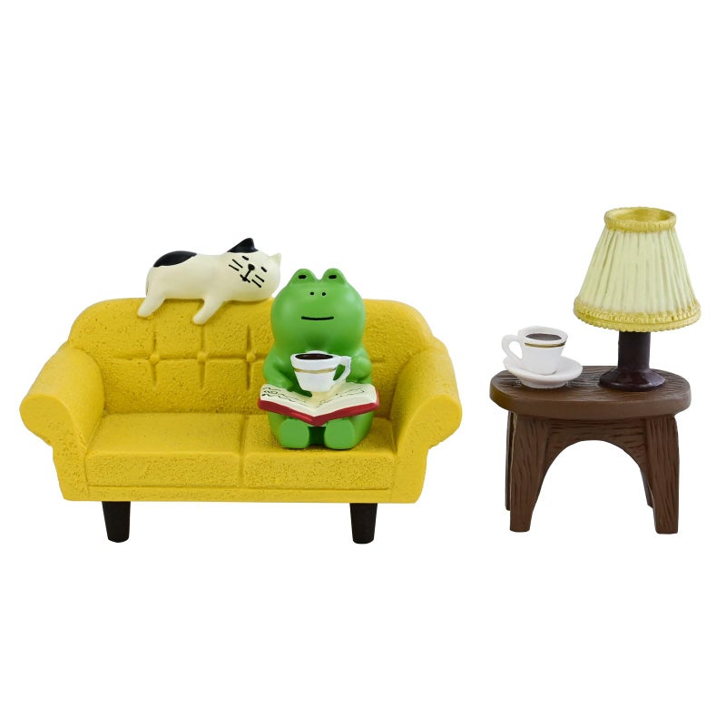 Mevodeata Cute Mini Frog Figurine with Small Sofa and Lamp Table Resin Frog Figure for Office Home Decor - Cute Frog Gift for Frog Lovers (Yellow Sofa) - Image 1