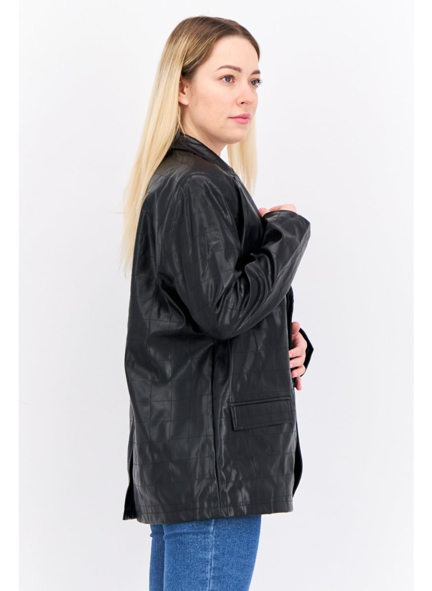 4th & Reckless - Women Petite Fit Plaid Semi-Formal Blazer, Black - Image 1