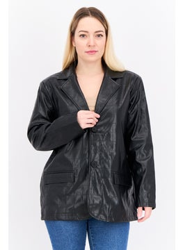 Women Petite Fit Plaid Semi-Formal Blazer, Black
