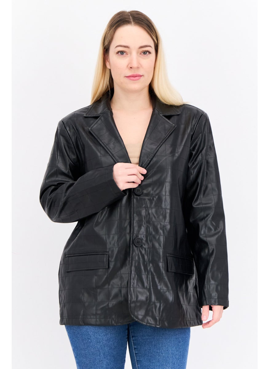 4th & Reckless - Women Petite Fit Plaid Semi-Formal Blazer, Black - Image 1