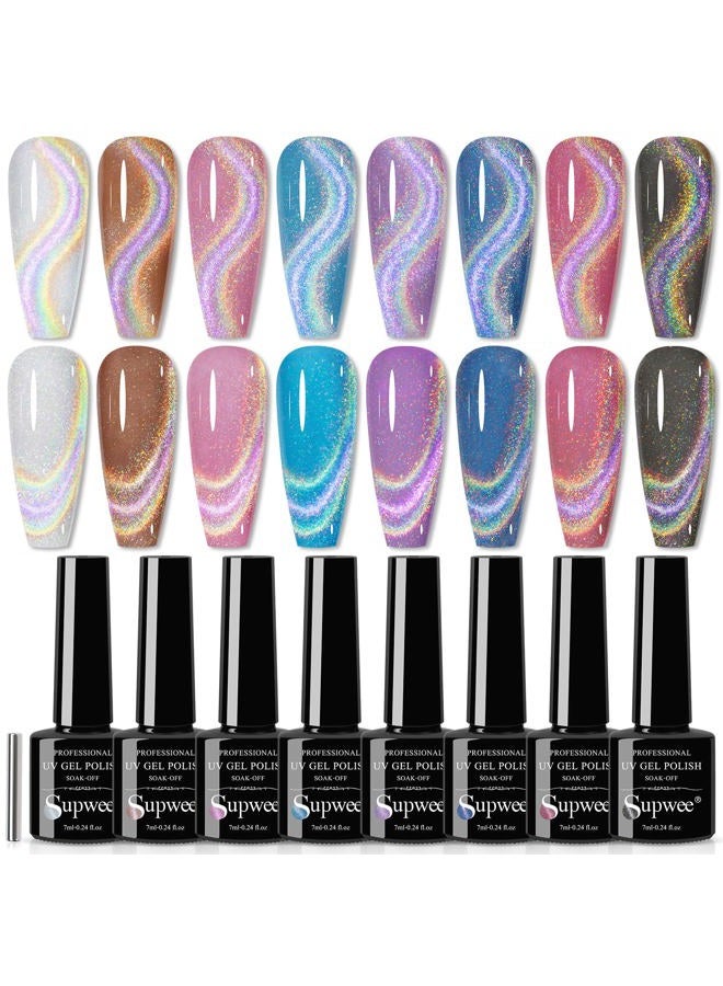 SUPWEE Rainbow Cat Eye Nail Gel Polish Set Sparkle Holographic 9D Cat Eye Gel Polish Laser Glitter Cat Eye Nail Polish Gel Magnetic Gel Soak Off Lamp Gel Varnish Nail Salon Kit (0.24fl oz) - Image 1
