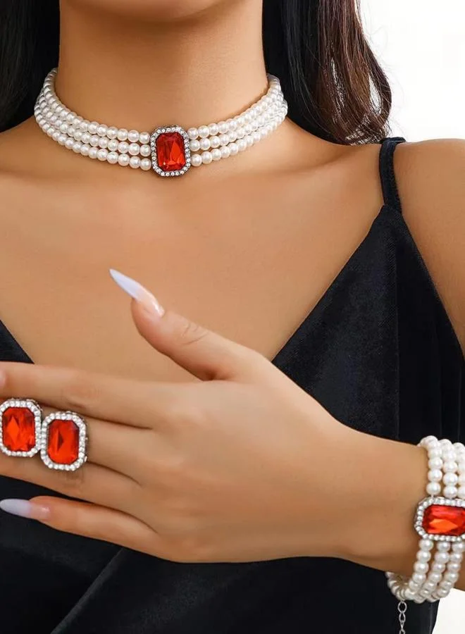 تايك تو طقم مجوهرات قلادة وسوار وأقراط طبقات مرصعة بأحجار الراين مربعة ولؤلؤ صناعي 3 قطع