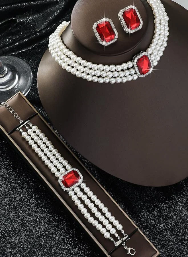 تايك تو طقم مجوهرات قلادة وسوار وأقراط طبقات مرصعة بأحجار الراين مربعة ولؤلؤ صناعي 3 قطع