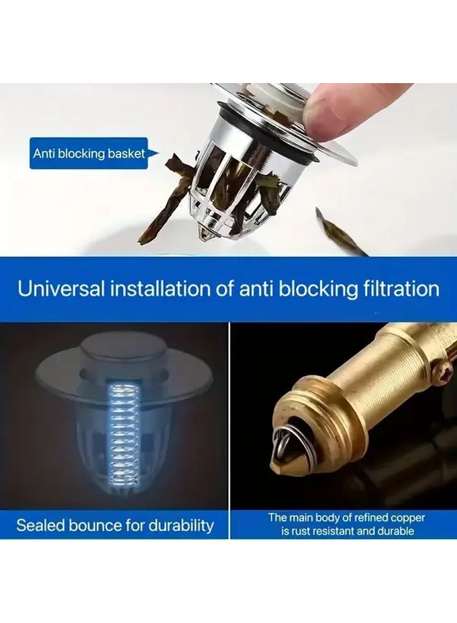 Copper Core Pop Up Press Type Sink Drain Stopper With Hair Catcher Anti Odor Filter - Image 3