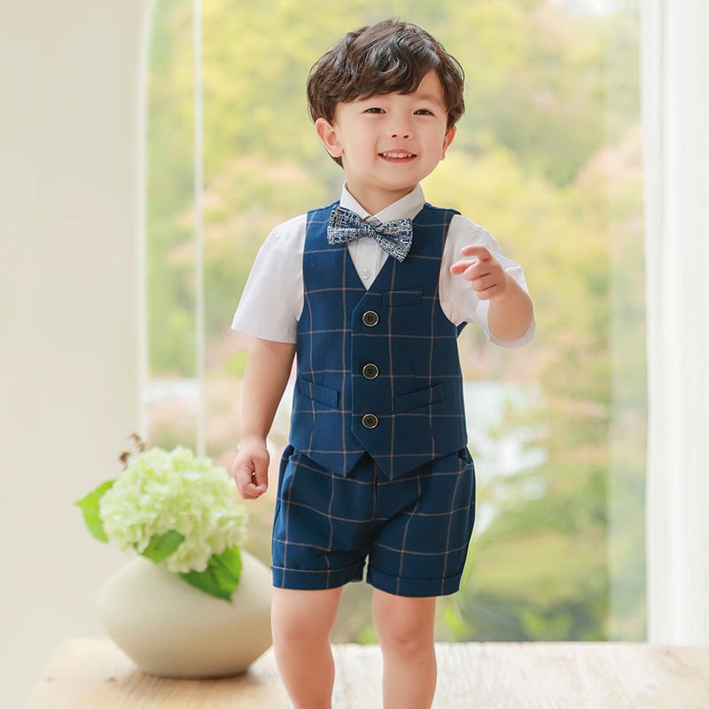 Boys Summer Suit Vest Set Birthday Wedding Pageant Tibetan blue vest suit (vest + shirt + shorts + bow tie)