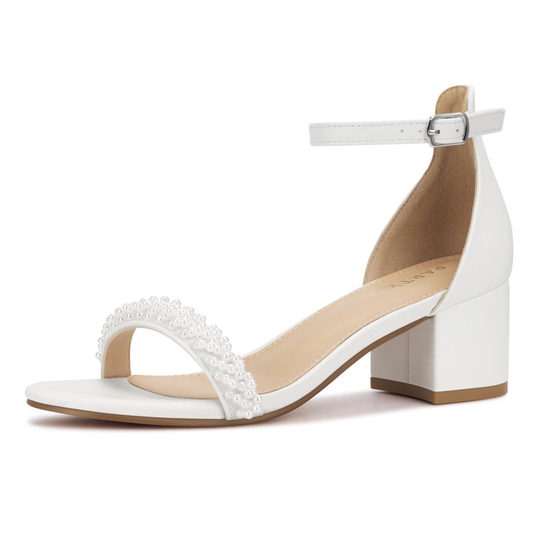 PARTY Women's Open Toe Ankle Strap Low Block Chunky Heels Sandals, White Pearl, 11 - Image 1