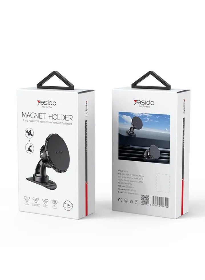 Yesido Magnetic Holder C153 With 2 In 1  Magnetic Brackets For Air Vent And Dashboard Black - Image 1