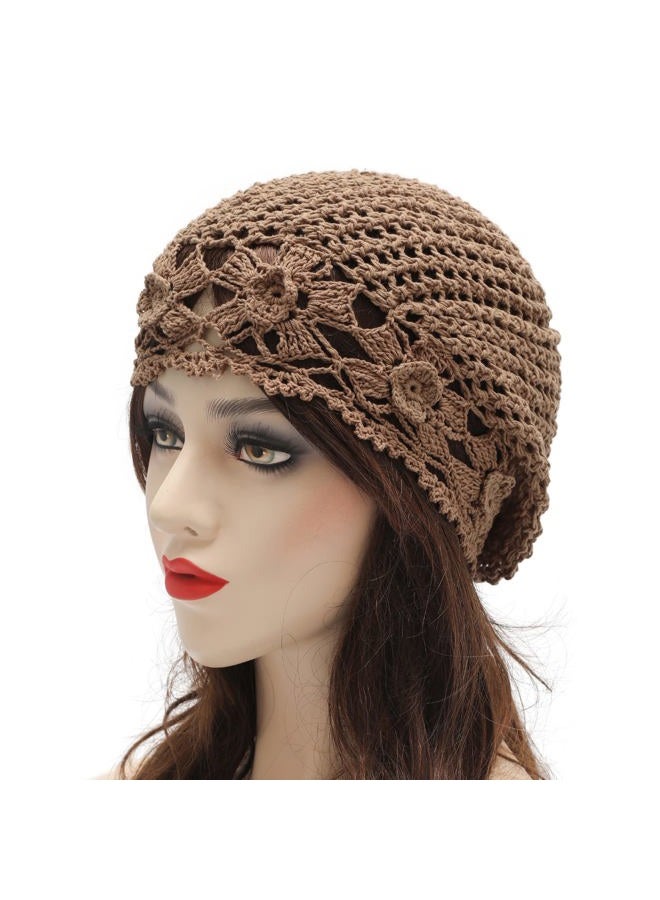 ZLYC Women Cotton Crochet Slouchy Beanie Hat Handmade Knit Cutout Summer Floral Skull Cap (Flowers Tan) - Image 2