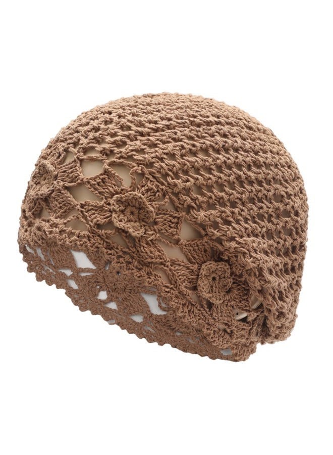 ZLYC Women Cotton Crochet Slouchy Beanie Hat Handmade Knit Cutout Summer Floral Skull Cap (Flowers Tan) - Image 1