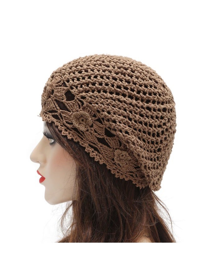 ZLYC Women Cotton Crochet Slouchy Beanie Hat Handmade Knit Cutout Summer Floral Skull Cap (Flowers Tan) - Image 3
