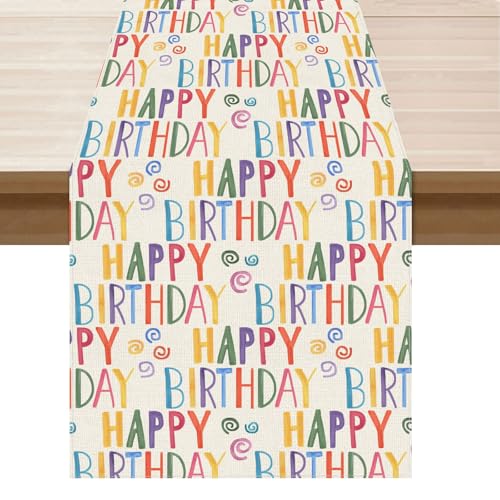 XCHI Happy Birthday Colorful Table Runner Burlap Table Decoration for Home Kitchen Dining Dinner Indoor Holiday Party Farmhouse Decor 13x72 Inch - Image 1