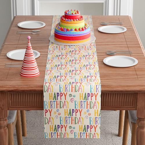 XCHI Happy Birthday Colorful Table Runner Burlap Table Decoration for Home Kitchen Dining Dinner Indoor Holiday Party Farmhouse Decor 13x72 Inch - Image 2