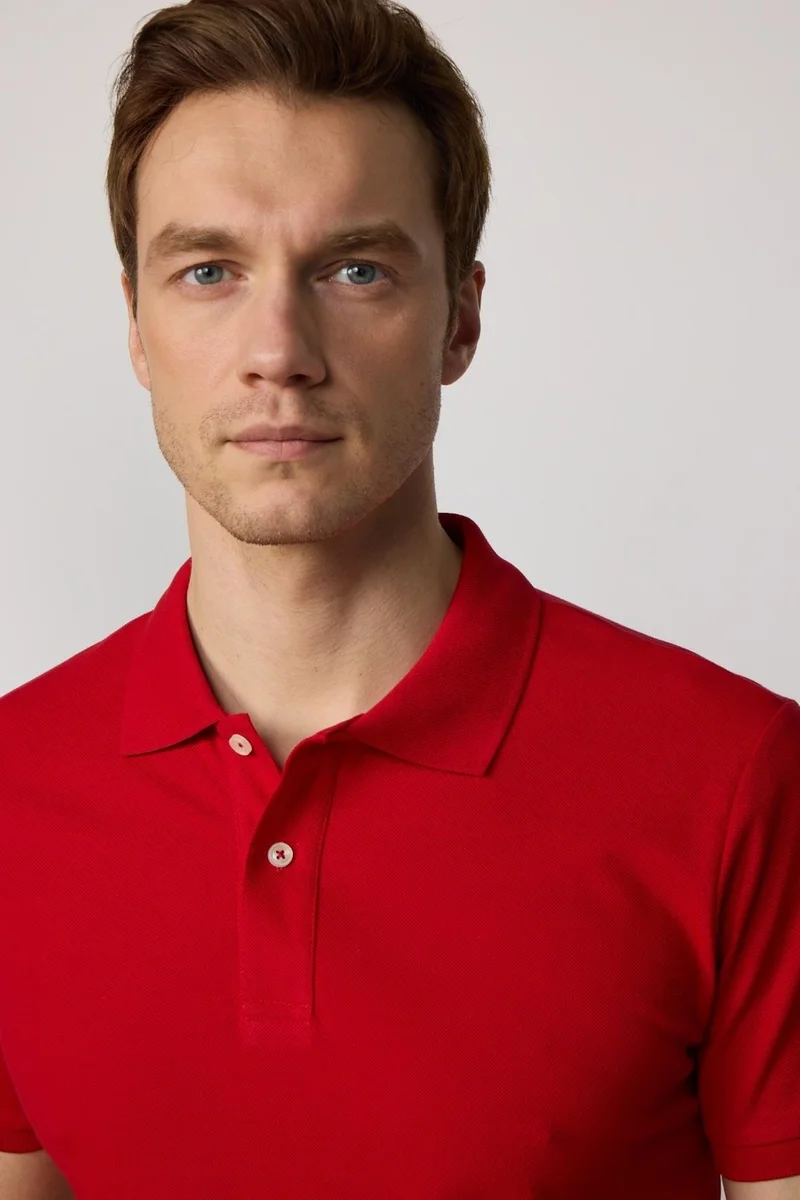 Tudors Men's Slim Fit Narrow Cut Cotton Plain Pique Red Polo Collar T-Shirt