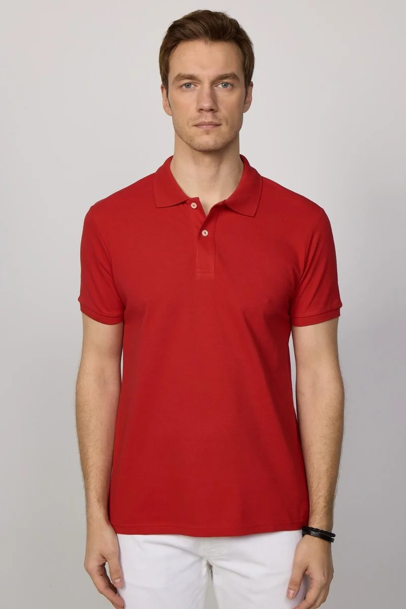 Tudors Men's Slim Fit Narrow Cut Cotton Plain Pique Red Polo Collar T-Shirt