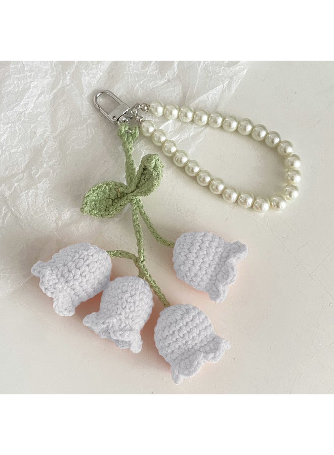 Korean Style Creative Cute Girl Pearl Chain Wool Crocheted Lanling Flower String Keychain Bag Decorative Buckle