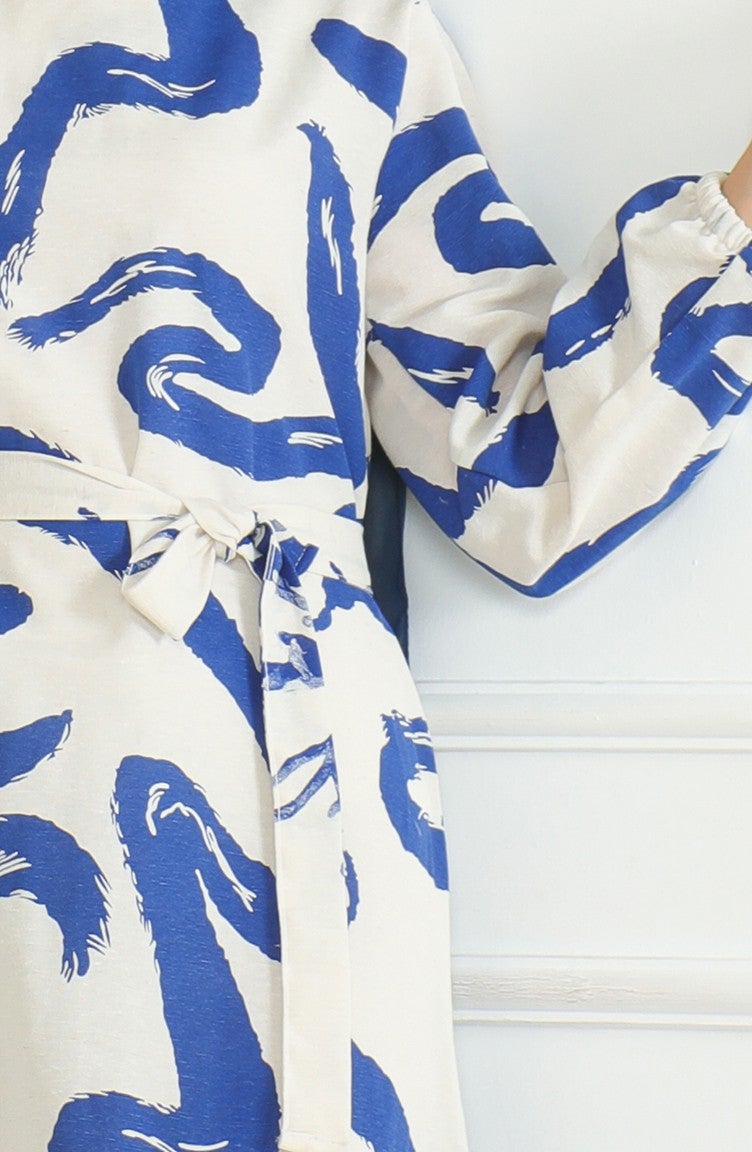 Sefa Merve Patterned Belted Linen Dress 0471A-03 Beige Navy Blue  - Image 3
