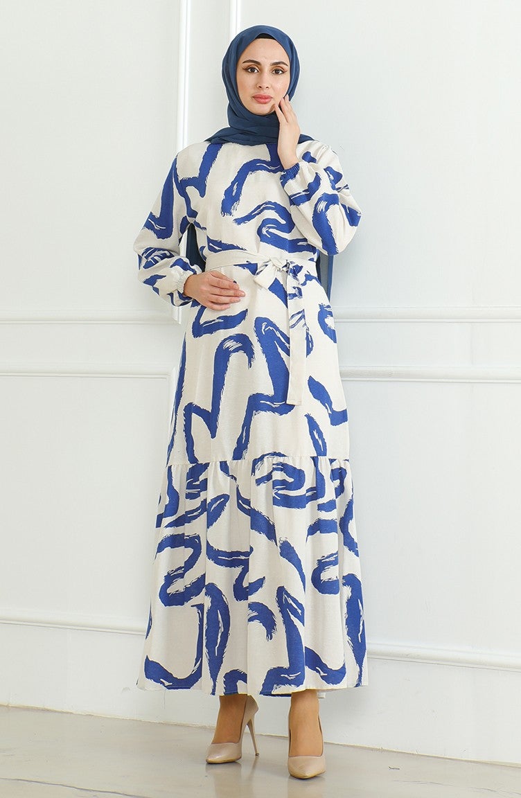 Sefa Merve Patterned Belted Linen Dress 0471A-03 Beige Navy Blue  - Image 1