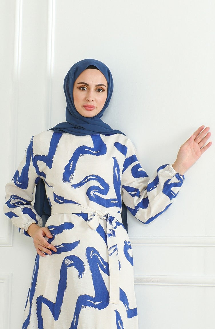Sefa Merve Patterned Belted Linen Dress 0471A-03 Beige Navy Blue  - Image 2