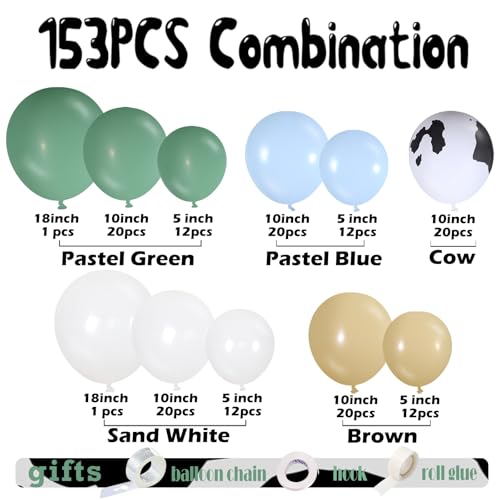 Vztipki 153 Pcs Green Cow Balloon Arch Garland Kit Sage Green Blue Brown Sand White and Cow Print Balloons for Farm Western Birthday Baby Shower and Cowboy Theme Party Decorations - Image 5