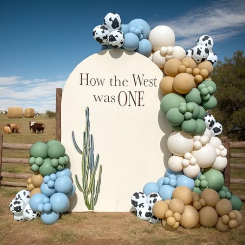 Vztipki 153 Pcs Green Cow Balloon Arch Garland Kit Sage Green Blue Brown Sand White and Cow Print Balloons for Farm Western Birthday Baby Shower and Cowboy Theme Party Decorations - Image 1