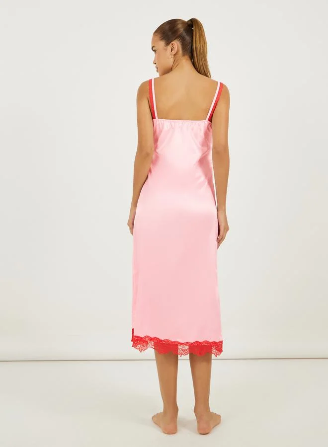 Styli Floral Placement Contrast Lace Slip Dress