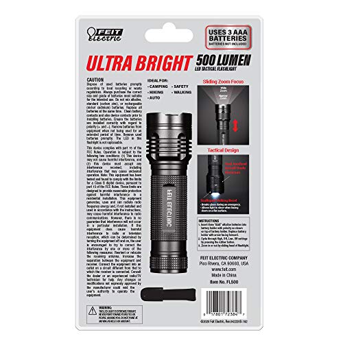 Feit Electric LED Tactical Flashlight - Aluminum Alloy - Zoomable Strike Bezel; Illuminate up to 600 feet - Adjustable Brightness from 170-500 Lumen | Requires 3-AAA Batteries - Image 3