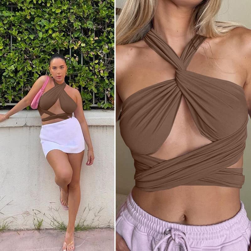 ZAFUL Womens Ribbed Halter Crop Top Ruched Lace-up Cropped Cami Bandana Top Criss Cross Wrap Print Tank Top Coffee - Image 3