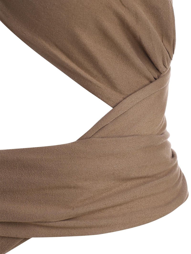 ZAFUL Womens Ribbed Halter Crop Top Ruched Lace-up Cropped Cami Bandana Top Criss Cross Wrap Print Tank Top Coffee - Image 4