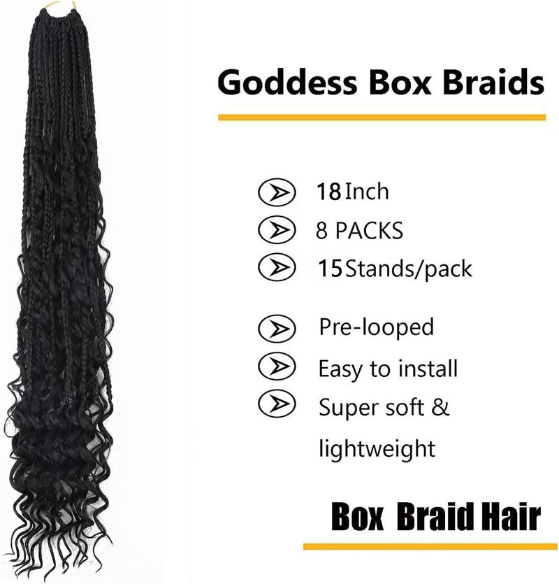 ال ام زد اي ام 18 Inch 8 Packs Boho Box Braids Crochet Hair Bohemian Crochet Box Braids with Curly Ends Hippie Braids Braiding Hair Goddess Box Braids(18inch, 1B) - Image 2
