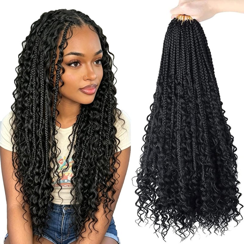 ال ام زد اي ام 18 Inch 8 Packs Boho Box Braids Crochet Hair Bohemian Crochet Box Braids with Curly Ends Hippie Braids Braiding Hair Goddess Box Braids(18inch, 1B) - Image 1