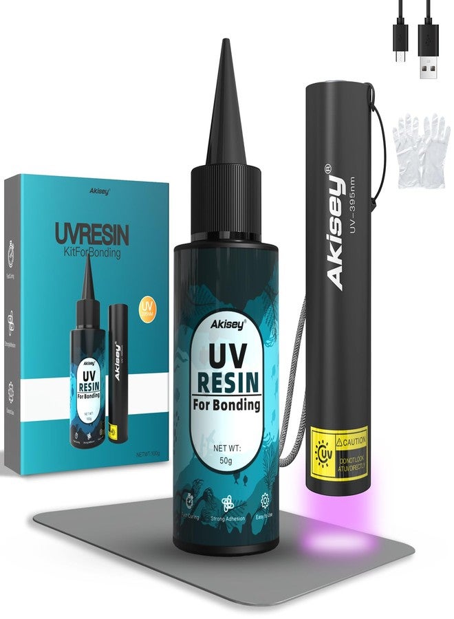 akisey UV Resin Kit with Light, 50g UV Resin with Rechargeable 395NM UV Flashlight, Fast Curing in Seconds, UV Glue Adhesive for Bonding Jewelry, Plastic, Glass Repair, w/Mat, Gloves, Storage Bag - Image 1