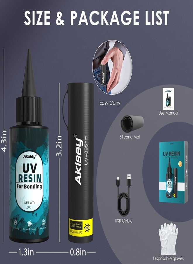 akisey UV Resin Kit with Light, 50g UV Resin with Rechargeable 395NM UV Flashlight, Fast Curing in Seconds, UV Glue Adhesive for Bonding Jewelry, Plastic, Glass Repair, w/Mat, Gloves, Storage Bag - Image 5