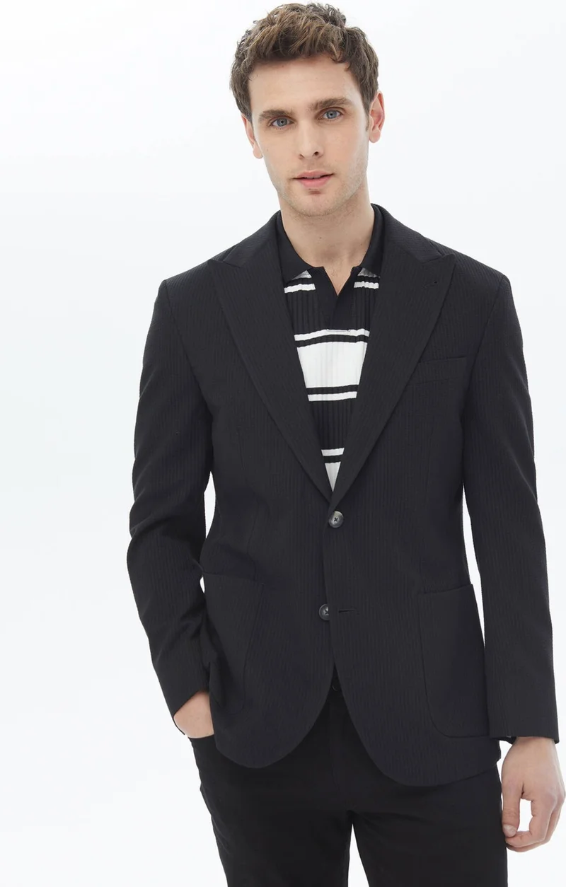كيب Black Striped Modern Fit Cotton Blend Jacket