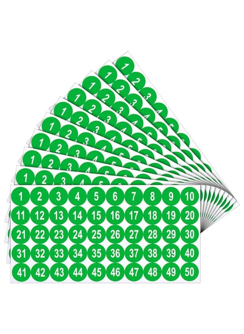 10 sheets, with numbers from 1 to 50, A4 size, self-adhesive from the inside and outside, in green color