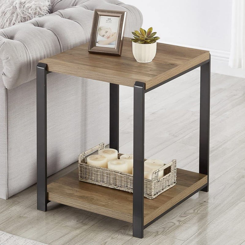 FOLUBAN Industrial End Table Square Side Table with Storage Shelf for Living Room Wood and Metal Nightstand Oak