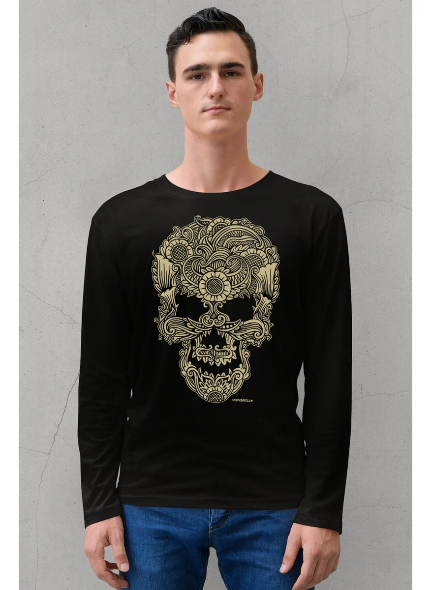 Rock&Roll Tattoo Skull Crew Neck Black Long Sleeve Combed Cotton Men's T-Shirt